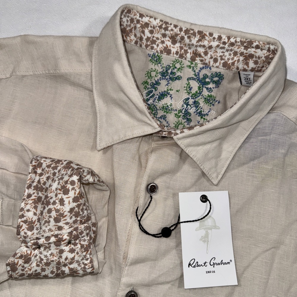 Robert‎ Graham Borsi Shirt Mens 2XL Beige Tan Sand Linen Blend LS Flip Cuff NWT